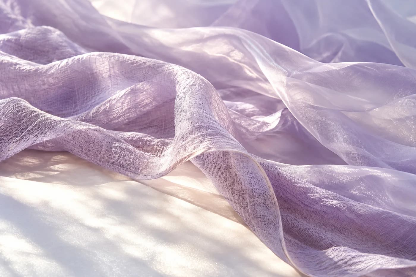 Étoffe lavande éclairée par le soleil, une évocation de douceur et de mouvement.