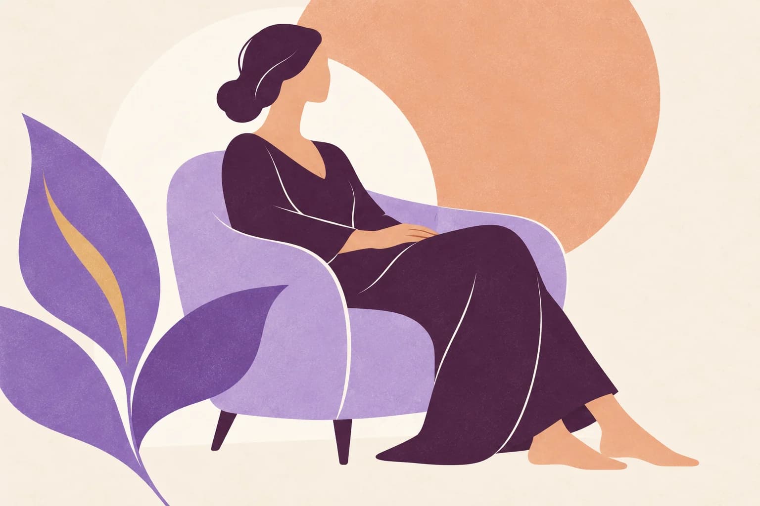 Illustration d’une personne faisant une pause dans un fauteuil, dans des tons violets et abricot.
